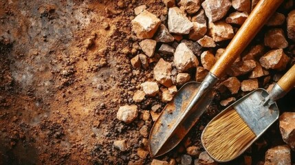 Fototapeta premium Vintage Painting Brushes on Gritty Dirt and Rock Ground