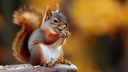 A close-up of a squirrel eating seeds with a blurred autumn background.