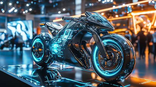 A futuristic looking motorcycle with neon lights and a blue and white design