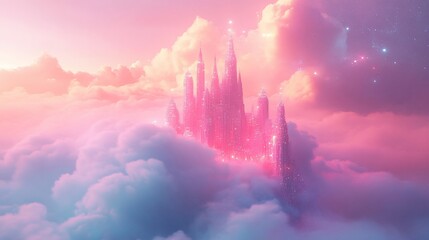 Pink castle in clouds at sunset.