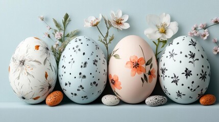 Elegant floral Easter eggs, pastel hues, spring blossoms. Happy Easter!