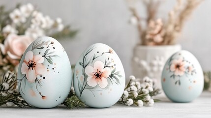 Obraz premium Delicate floral Easter eggs, pastel hues, spring blossoms. Celebrate the season!