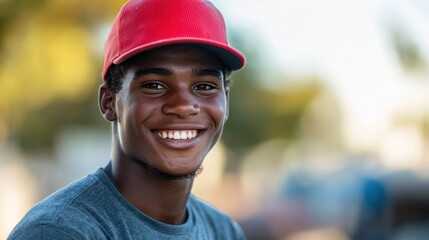 Smiling African Man Standing Outdoors in a Blurred Natural Environment Capturing a Moment of Positivity Joy and Relaxation in an Urban or Park Setting