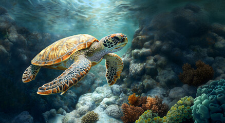 Obraz premium vibrant sea turtle gracefully swims through colorful coral reef, showcasing its intricate shell patterns and rich underwater ecosystem. scene captures beauty of marine life