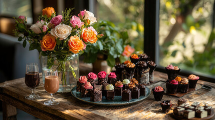 romantic setup featuring colorful roses, delicious chocolates, and elegant desserts creates warm and inviting atmosphere