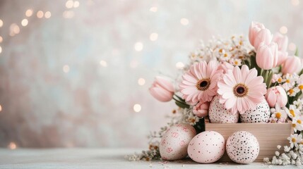 Pastel Easter eggs nestled in delicate pink tulips and gerbera daisies.