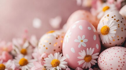 Fototapeta premium Delicate pink Easter eggs adorned with daisies, a springtime delight!