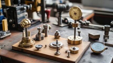 Intricate Arrangement of Precision Measuring Tools and Mechanical Components on a Workbench in a Workshop Environment
