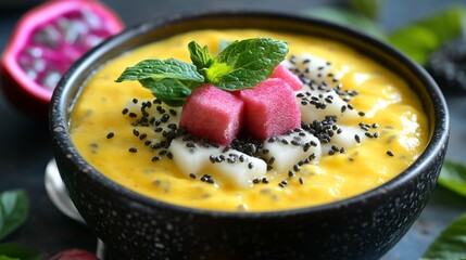 Mango chia pudding with dragon fruit and mint.