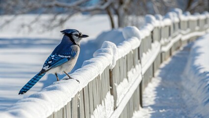 Blue Jay Perched on Snow-Covered Fence in Winter