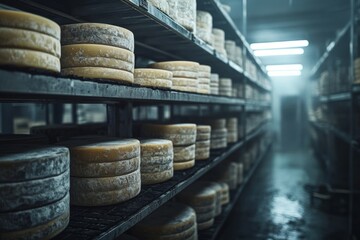 A row of cheese wheels are on a shelf in a dark room