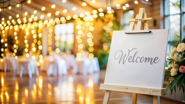 Surreal Wedding Welcome Sign Mockup: Blank 24x36 Portrait Easel Sign at Reception