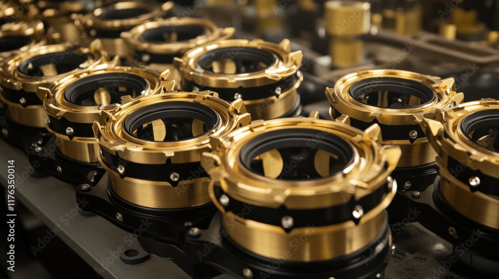 Poster close-up view of precision mechanical components in a factory setting, showcasing intricate design a