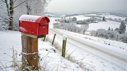 Naklejka premium Bright Red Mailbox on Wooden Post in Winter Landscape