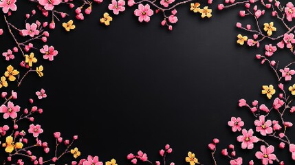 Vibrant floral frame with pink and yellow blossoms on a dark background.