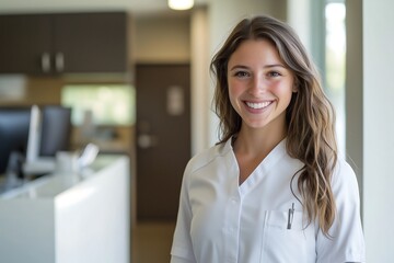 Fototapeta premium Portrait of a young and happy female dentist smiling in her modern dental clinic