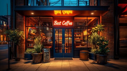 Illuminated storefront of a coffee shop at night.