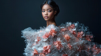 stunning avant garde image of woman in floral dress, showcasing elegance and creativity. intricate design features soft colors and textures