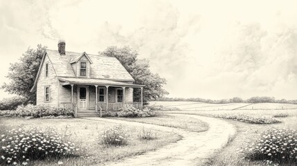 Quaint farmhouse, winding path, peaceful countryside.