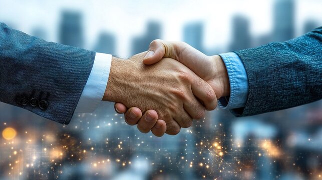 A close-up of two hands shaking, symbolizing agreement and partnership against a blurred city background.