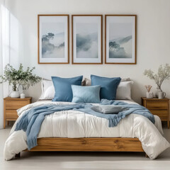 wooden bed with blue pillows and two bedside cabinets against white wall