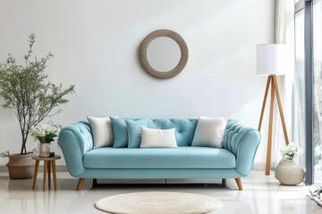 sofa in spacious room against blank white wall with copy space Scandinavian interior design of modern living room