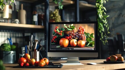 Fresh Fruits Displayed on a Computer Screen in a Modern Kitchen Setting with a Wooden Table and Stylish Home Decor Elements