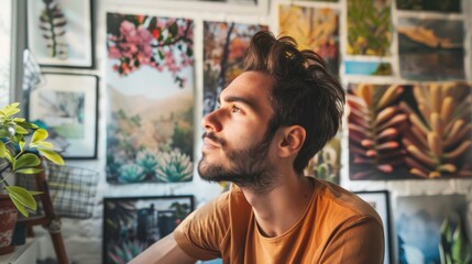 Reflective Young Man Gazing Outward, Surrounded by Artistic Nature Imagery in a Cozy Room Filled with Plants and Colorful Wall Art