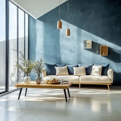 Loft interior design  modern living room with blue stucco wall