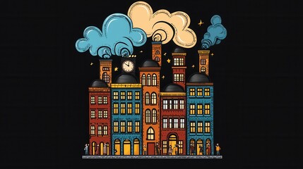 Vibrant Nighttime City Skyline with Colorful Festive Illumination and Magical Atmosphere