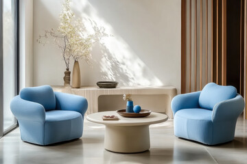 Japandi and minimalist interior living room with  blue chairs and coffee table