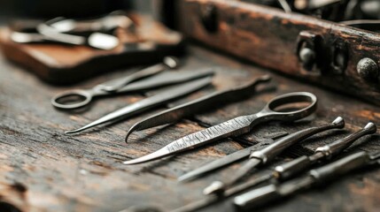 Fototapeta premium Assortment of Vintage and Rusty Tools in a Cluttered Workshop Backdrop