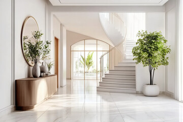 Interior design of modern and minimal entrance hall with staircase
