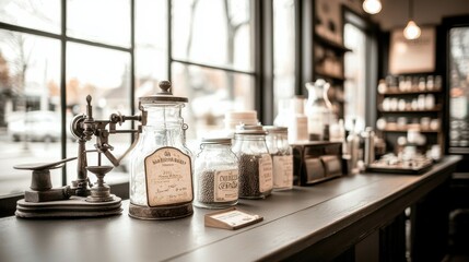 Vintage Apothecary Bottles and Jars on Rustic Wooden Shelves in Retro Pharmacy Setting