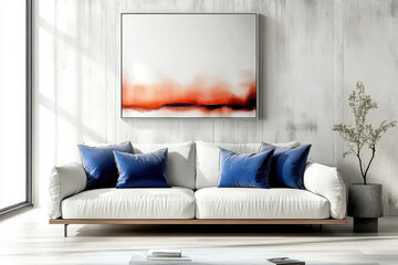 Minimalist interior design of modern and nordic living room. with Sofa blue pillows against concrete wall