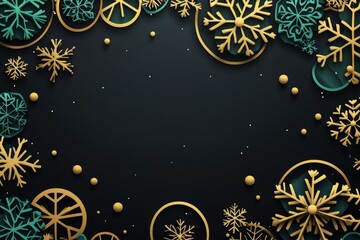 Stylish holiday decor with gold and green snowflakes on a dark background.