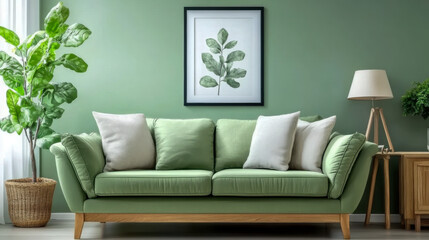 Green mint sofa against green wall with poster frame Boho style interior design of modern living room