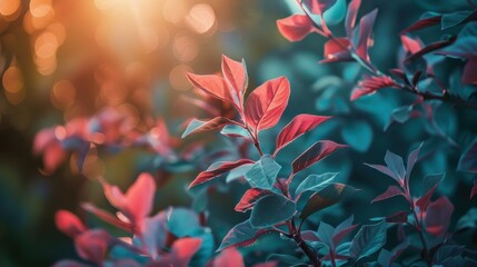 Vibrant Leaves with Warm Sunset Light in Background, Capturing Nature's Beauty and Tranquility in a Lush Garden Setting