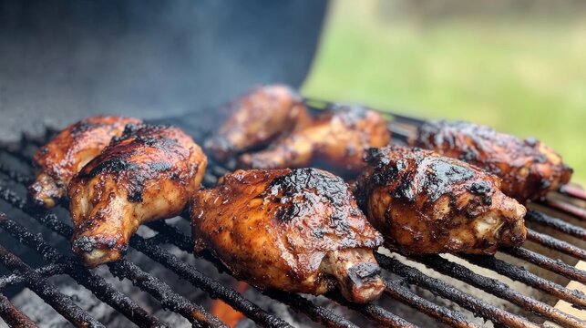 Authentic jamaican jerk chicken cooking on a smoky outdoor grill with charred seasoning and aromatic spices creating a flavorful caribbean barbecue scene
