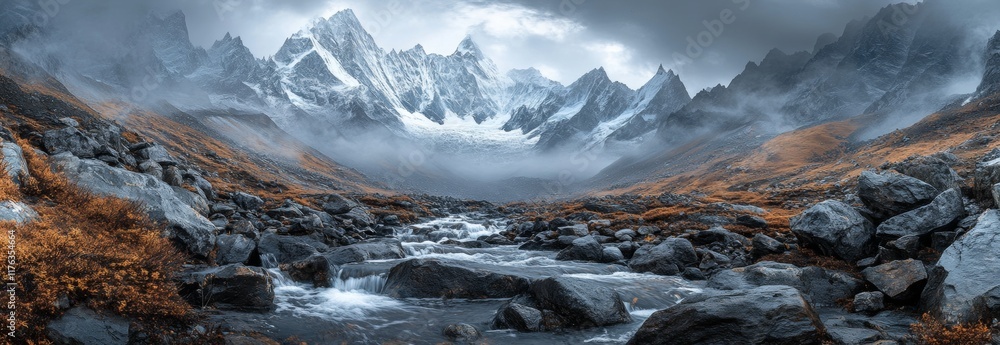 Poster a mountain range with a river running through it