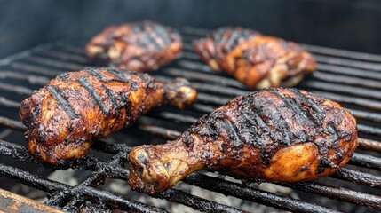 Authentic jamaican jerk chicken cooking on a smoky outdoor grill with charred seasoning and aromatic spices creating a flavorful caribbean barbecue scene