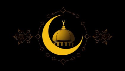 Fototapeta premium A crescent moon embracing a mosque dome, surrounded by Islamic geometric ornaments.