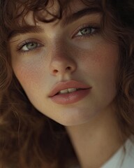 Fototapeta premium A woman with brown hair and green eyes is smiling