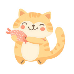A kawaii vector design of a cheerful cat holding a tiny fish, drawn in soft pastel colors. 8k UHD, suitable for high-quality printing or digital display. 