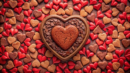 Obraz premium Sweet Heart-Shaped Chocolate Cookies on Red Hearts Background - Top View