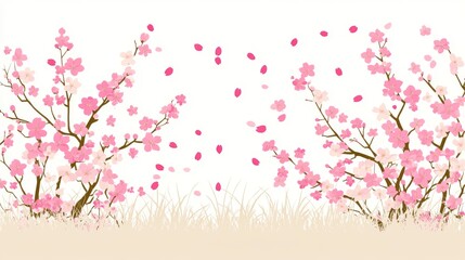 Fototapeta premium Delicate pink cherry blossoms blowing in the breeze against a bright background.