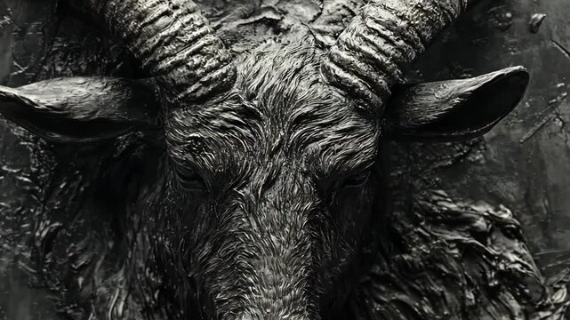 Detailed depiction of a ram's head sculpture showcasing intricate textures and strong features found in art