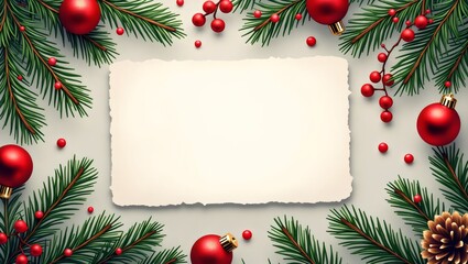 Festive Flat-Lay With Fir Branches, Red Ornaments And Card