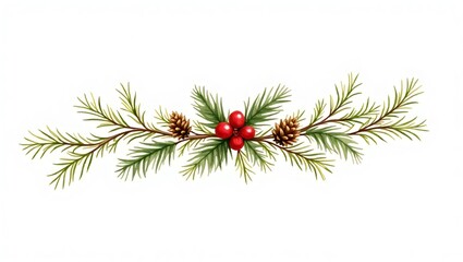 Festive Pine Branch With Pine Cones And Red Berries