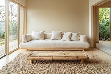 Minimalist, modern japandi interior design of a residential living room with beige-lined walls and a sofa and table. Generative AI
